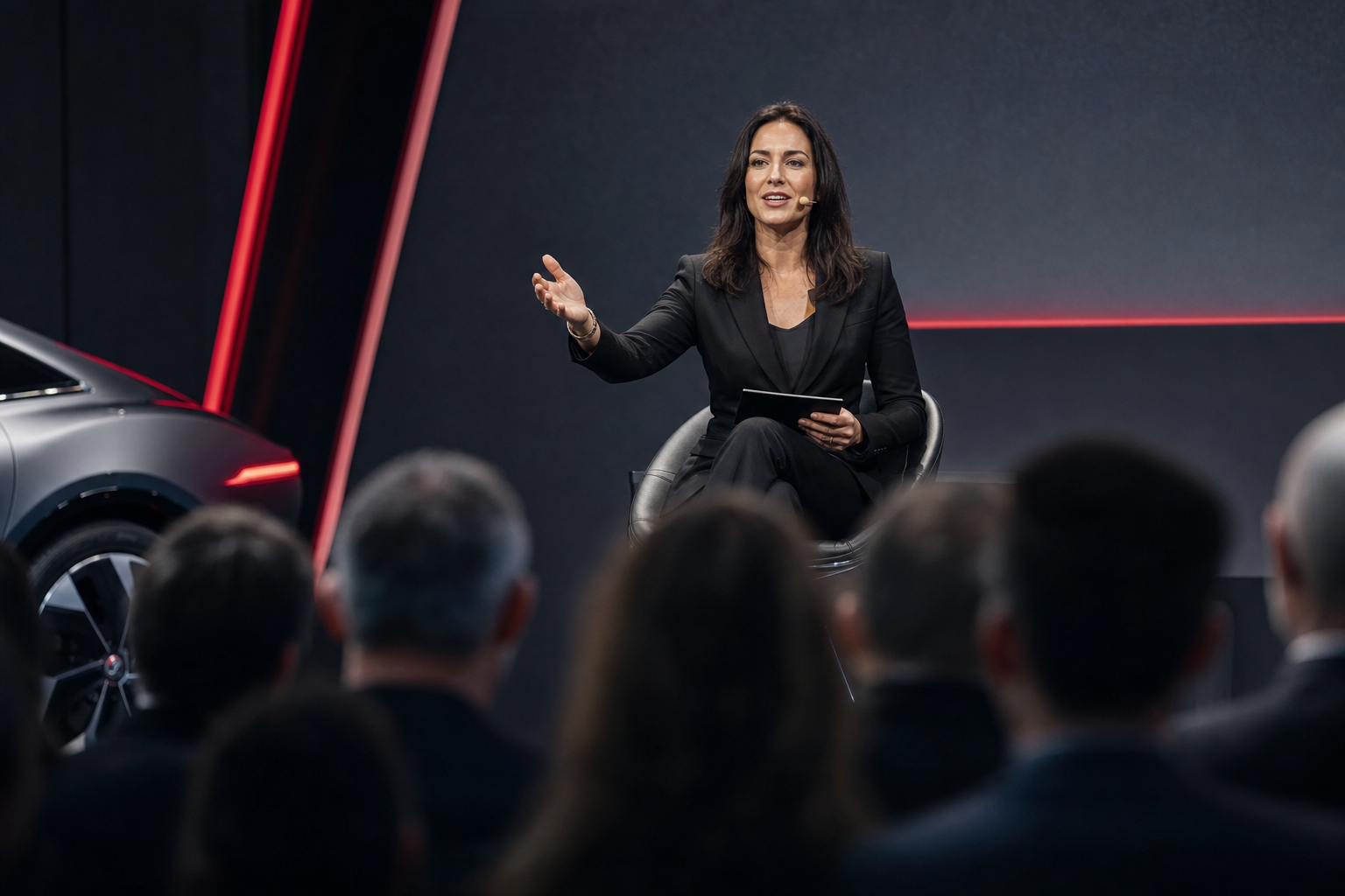 Moderatorin auf der Bühne eines Premium-Automotive-Events