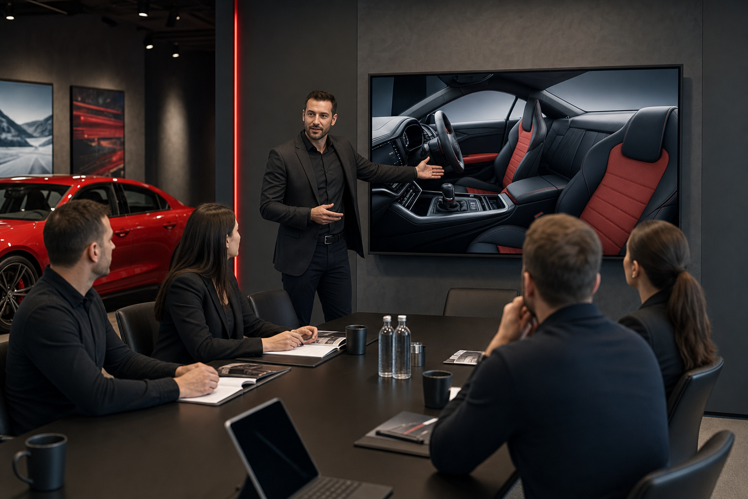 Trainer leitet eine Vertriebsschulung in einem modernen Showroom